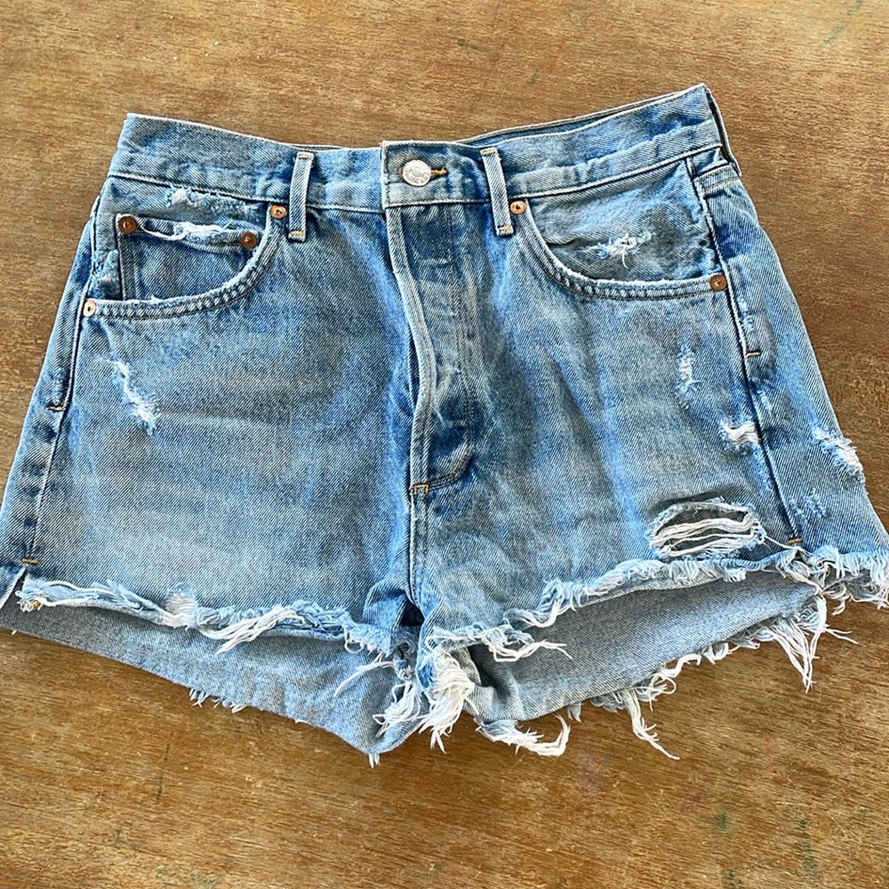 Agolde Button Fly Distressed Jean Shorts Light Wash Blue Size 27